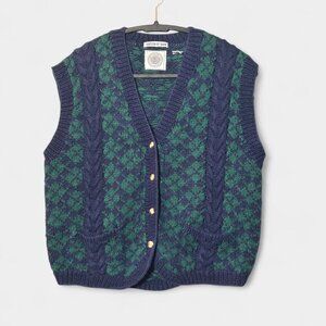 VTG Cape Isle Knitters Hand Knit Sweater Vest Button Front Blue Green Cozy  M